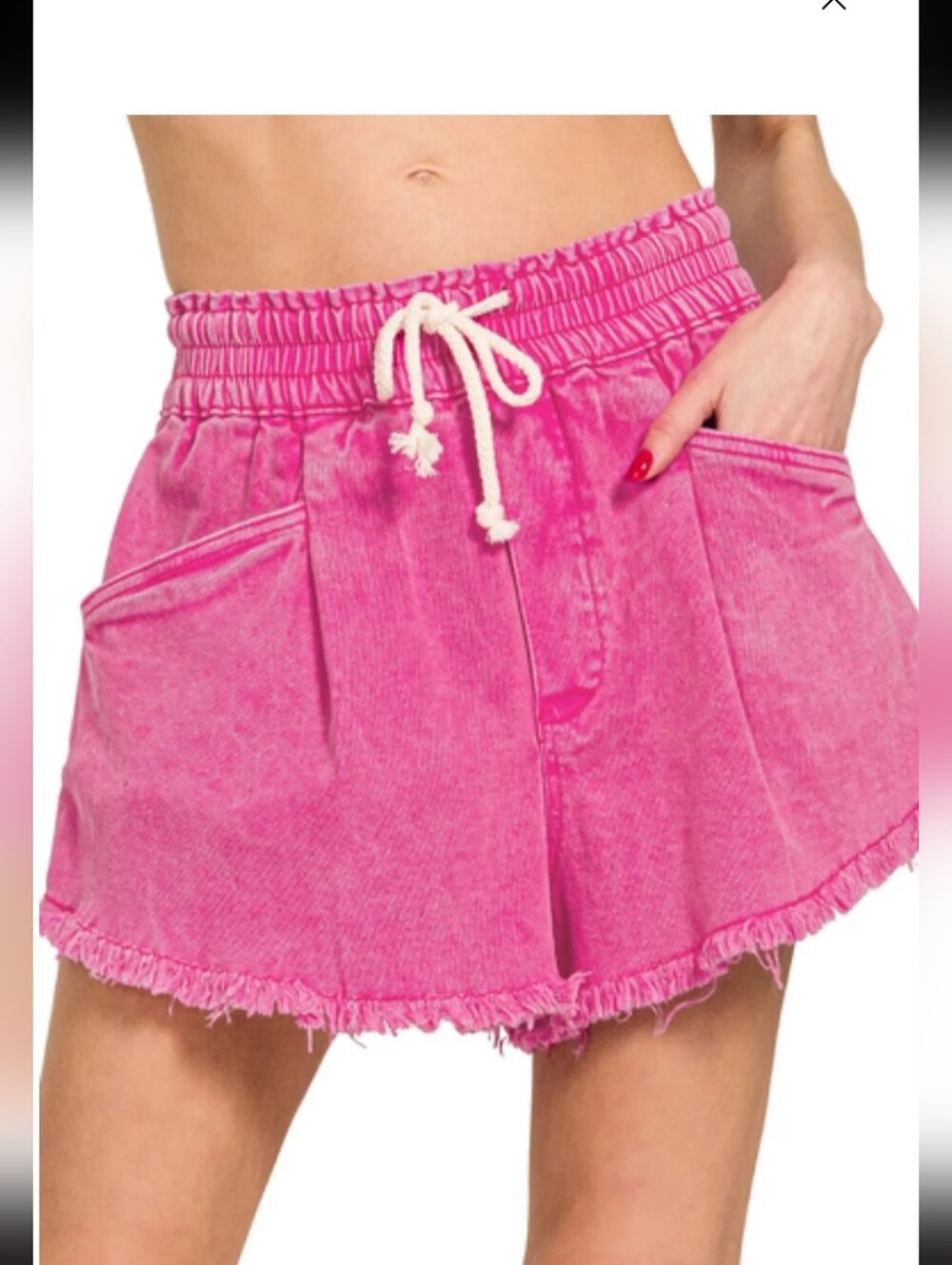 Zenana Outfitters Hot Pink Fringed Drawstring Jean Shorts